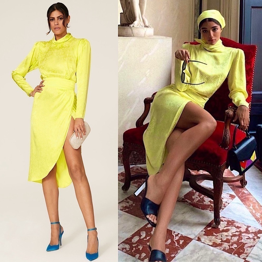 RONNY KOBO Silk Palm Print Long Sleeve High Neck Asymmetric Wrap Skirt Dress M